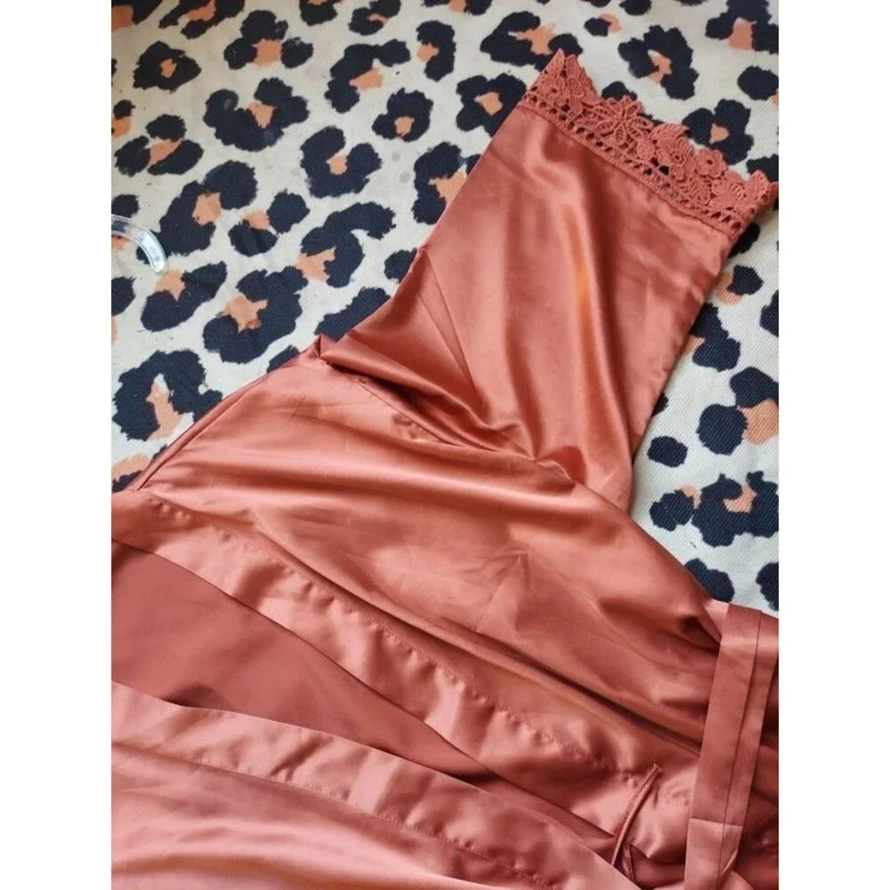 Women's Robe Satin Feel with Lace Trim - Copper Cinnamon sz xxl xxxl